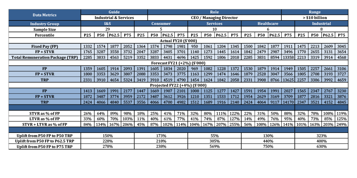 Sample remuneration data table for executives in the Industrial & Services sector